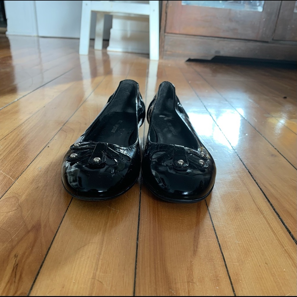 Mr Seymour’s 8.5M Designer Patent Leather Cut Out Studded Black Ballet Flats
